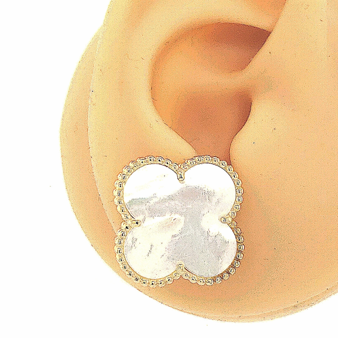 Sleek Radiance Sterling Silver Large Clover Mother of Pearl Stud Earring