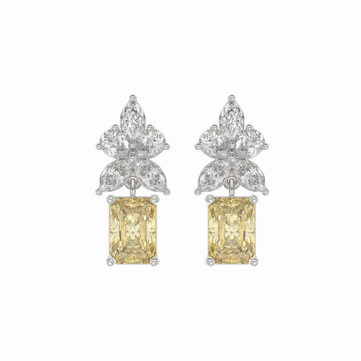 Highlight Accent 14K WHITE GOLD 3.00CT PEAR/MARQUISE/YELLOW RADIANT DIAMOND LADIES EARRING (CENTER STONE RADIANT DIAMOND 1CT)