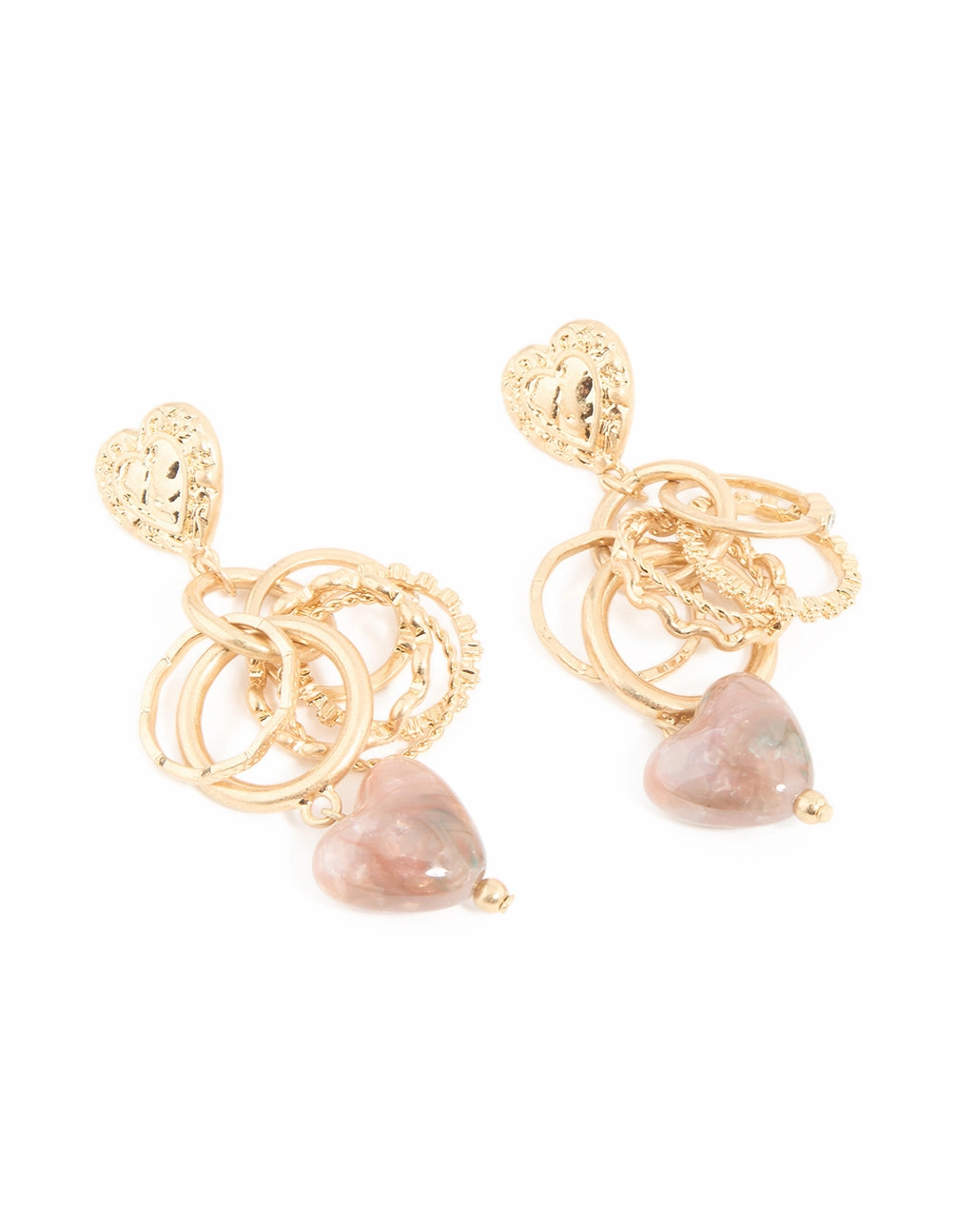 Worn Gold Heart & Ring Textured Drop Earrings Eye Catcher Eye-Catching Craft