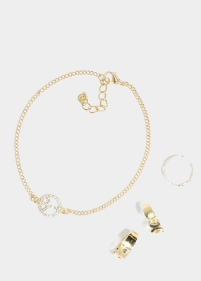 Expressive Style Sparkly Peace Sign Anklet & Toe Rings Set