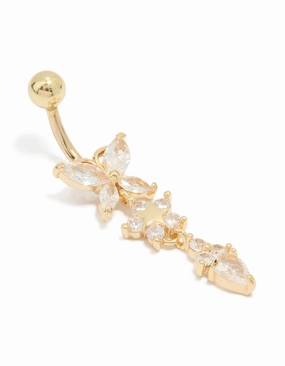 Gold Plated Surgical Steel Cubic Zirconia Triple Flower Belly Bar Effortless Chic Exquisite Detailing