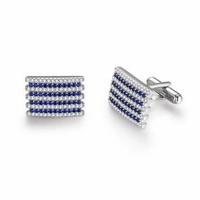 Rectangular Clear and Sapphire CZ Striped Four Row Cufflinks Vibrant Glow Glamorous Accent