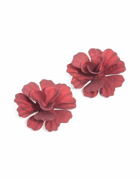 Petite Touch Elite Finish Red Coated Metal Textured Flower Large Stud Earrings
