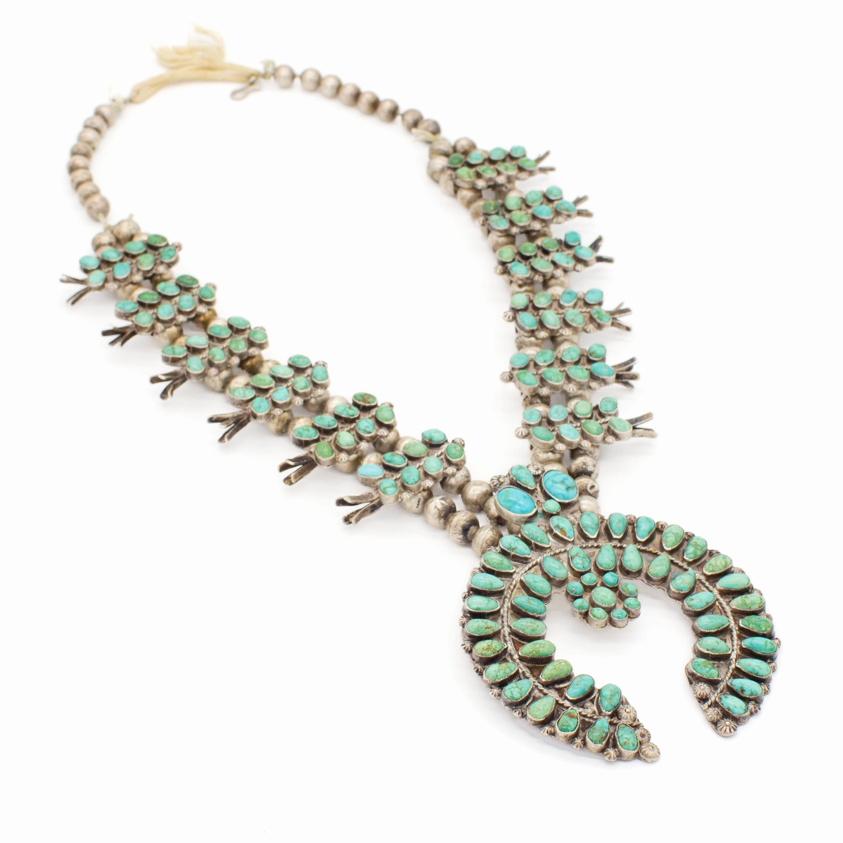 Elegant Statement Clear Finish Vintage 1930's 900- 925 Silver Turquoise Coin Beads Squash Blossom Handmade Sawtooth Bezel Original String Necklace