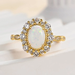 Budget Gift Sweet Style Louily Vintage Halo Oval Cut Opal Stone Engagement Ring