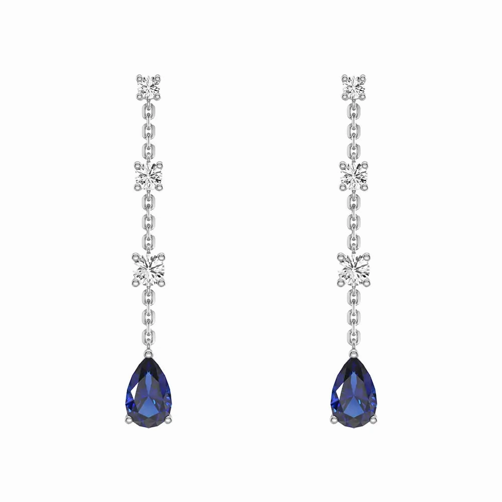 Elegant Tiered Diamond Stud Earrings with Trembling Lab Sapphire Drop Romantic Look Luxury Shine Finish
