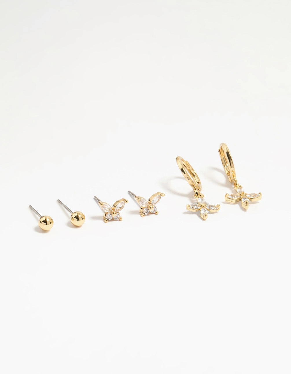 Distinctive Detailing Creative Edge Gold Plated Brass Cubic Zirconia Butterfly & Flower Earrings 4-Pack