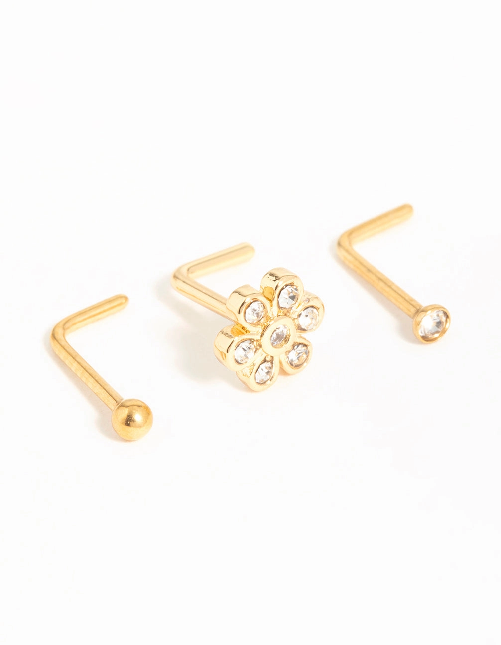 Fashion highlight Modern Duo Gold Plated Surgical Steel Cubic Zirconia Flower Nose Piercings 3-Pack