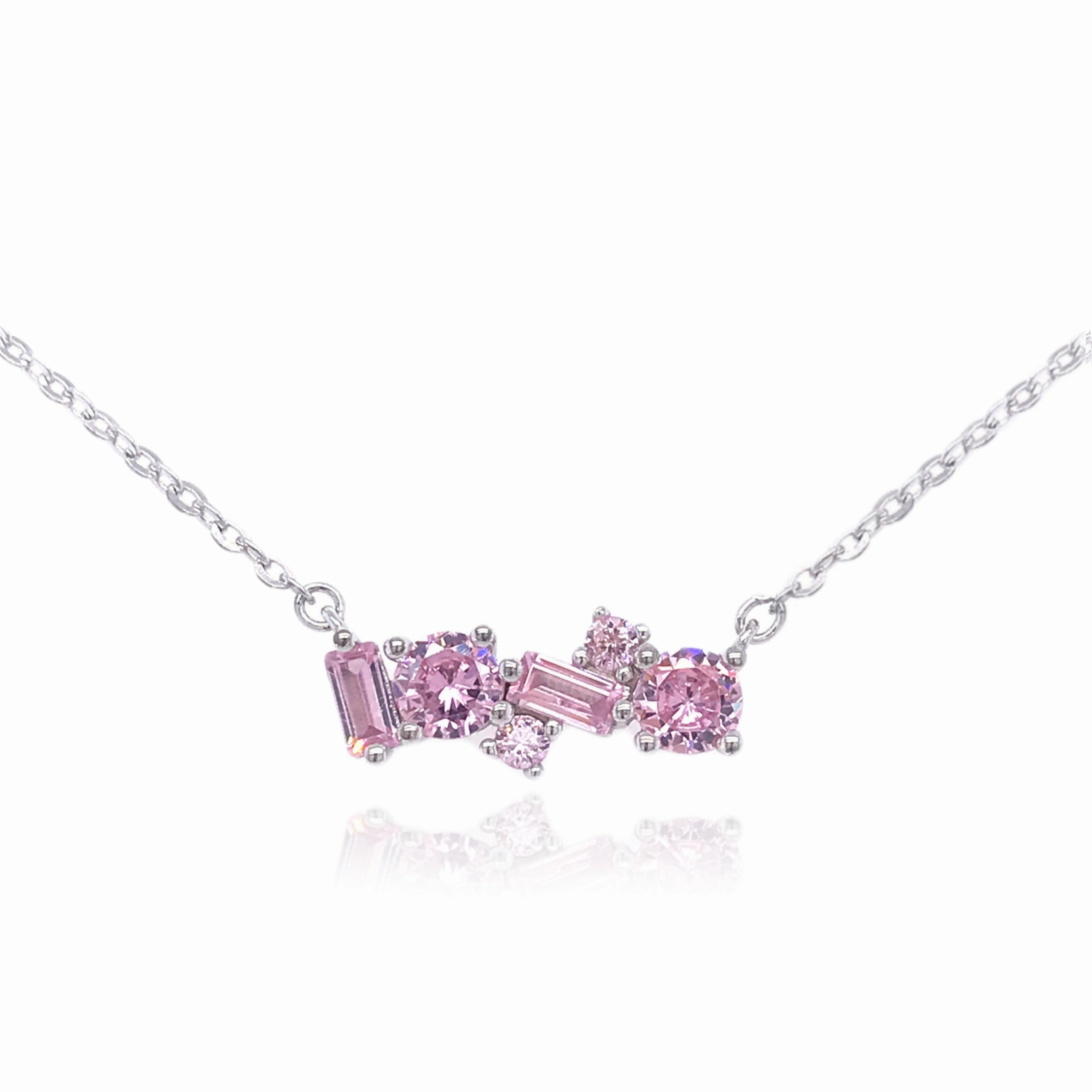 Sterling Silver Pink or Clear and Emerald Bar Necklace Textured Accent Bold Detail