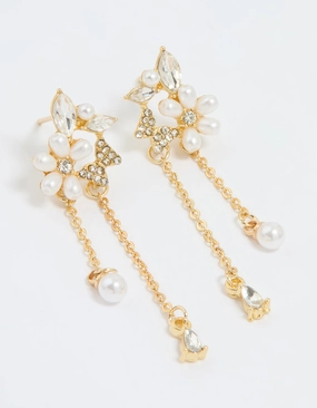 Gold Plated Diamante Pearl Flower Chain Drop Earrings Iconic look