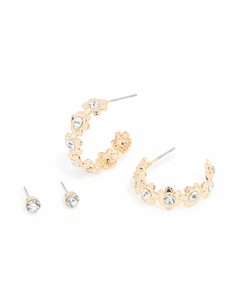 Gold Diamante Flower Hoop & Classic Stud Earrings 2-Pack Golden Tone Effortless Charm