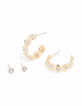 Gold Diamante Flower Hoop & Classic Stud Earrings 2-Pack Golden Tone Effortless Charm