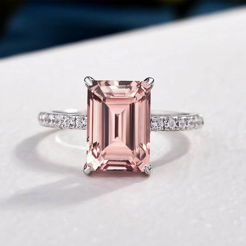 Classic Set Durable Art Louily Elegant Emerald Cut Morganite Pink Women's Engagement Ring In Sterling Silver