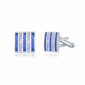 Rhodium Plated Blue Enamel Stripes Rectangle Cufflinks Elegant Layer