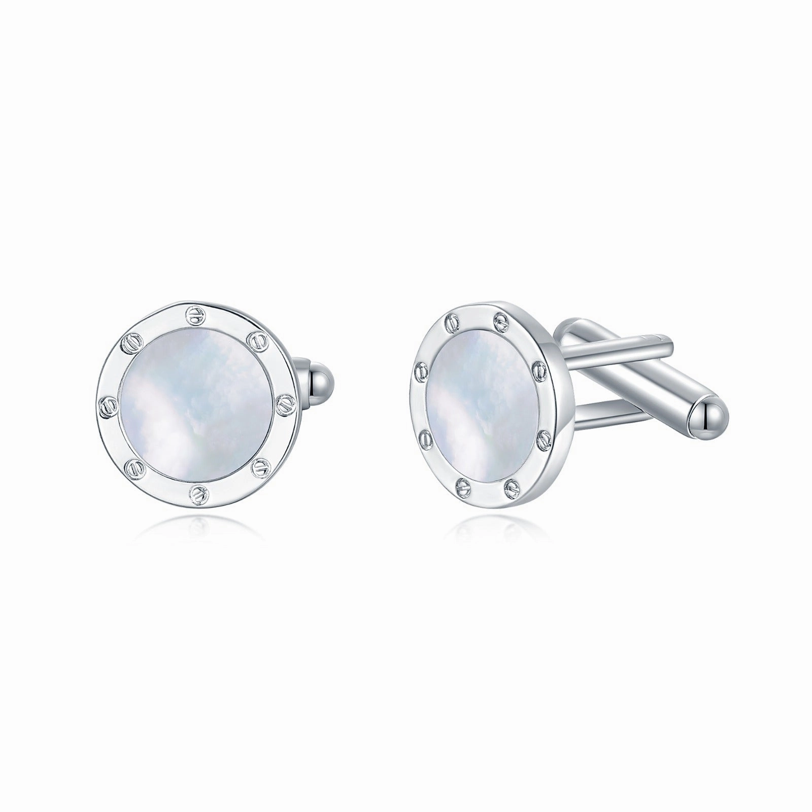 Rhodium Plated Round Border Around Mother of Pearl Cufflinks Elegant Sparkle Modern Shine