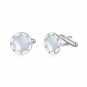 Rhodium Plated Round Border Around Mother of Pearl Cufflinks Elegant Sparkle Modern Shine