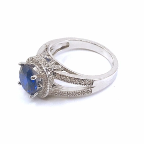 Handmade Jewelry Pieces Rhodium Plated Sterling Silver Blue Circle Stone CZ Ring