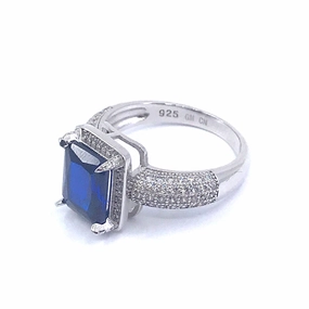 Seasonal Match Rhodium Plated Sterling Silver Blue Rectangle Stone Ring