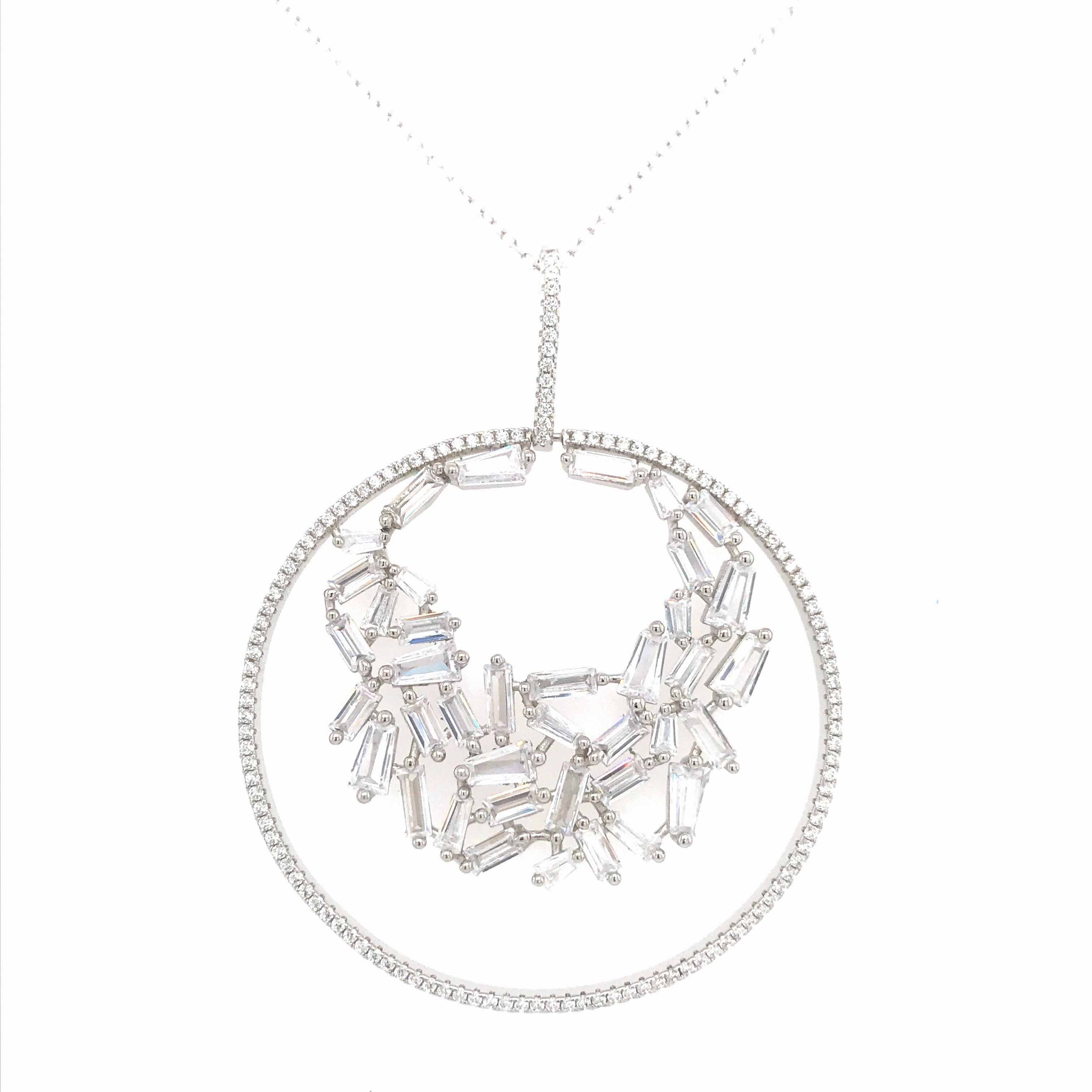 Artisan Touch Rhodium Plated Sterling Silver Circle With Baguettes Pendant Necklace