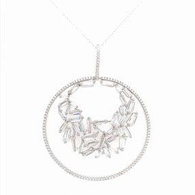 Artisan Touch Rhodium Plated Sterling Silver Circle With Baguettes Pendant Necklace