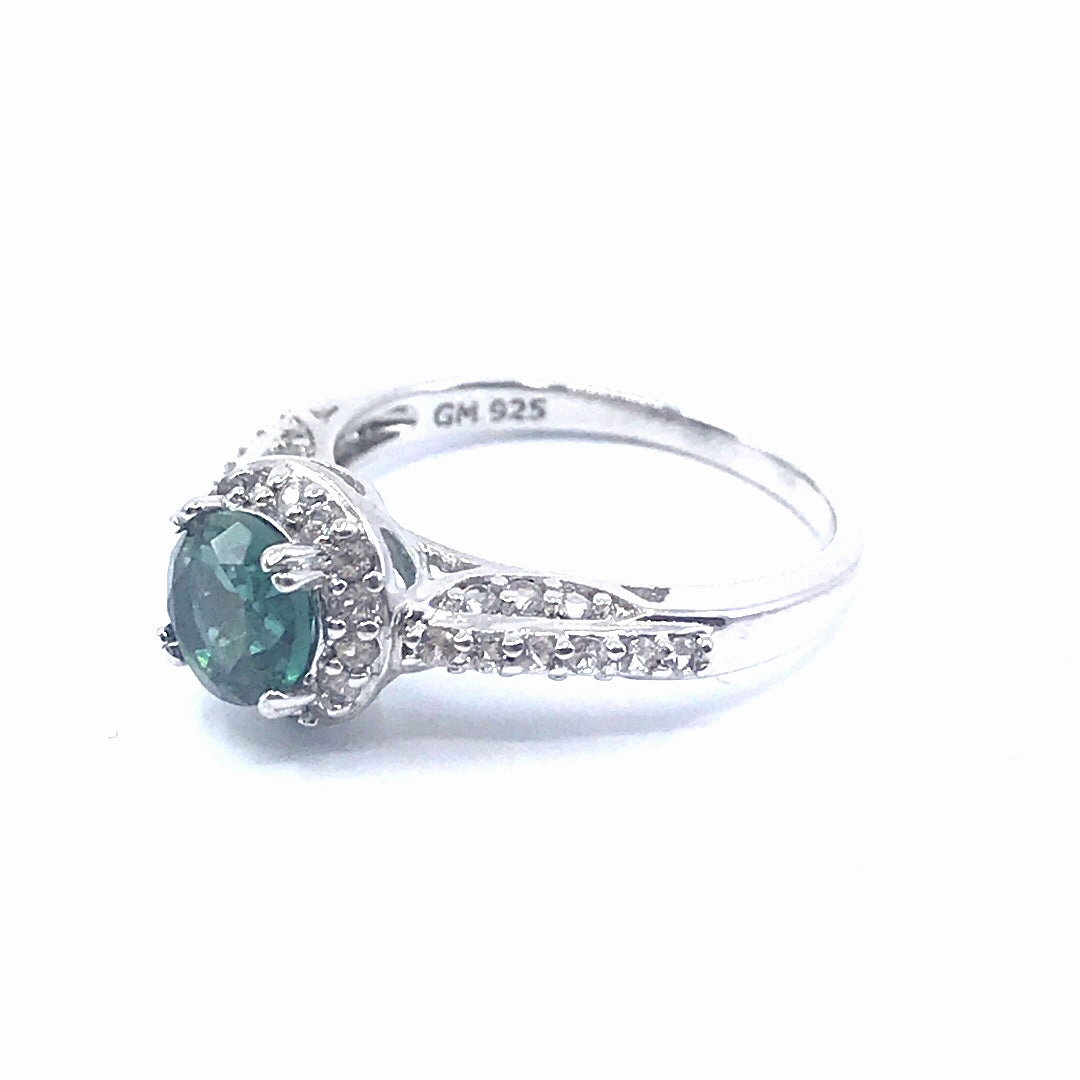 Rhodium Plated Sterling Silver Color Stone Ring with CZ Border Classic Finish Bold Detailing