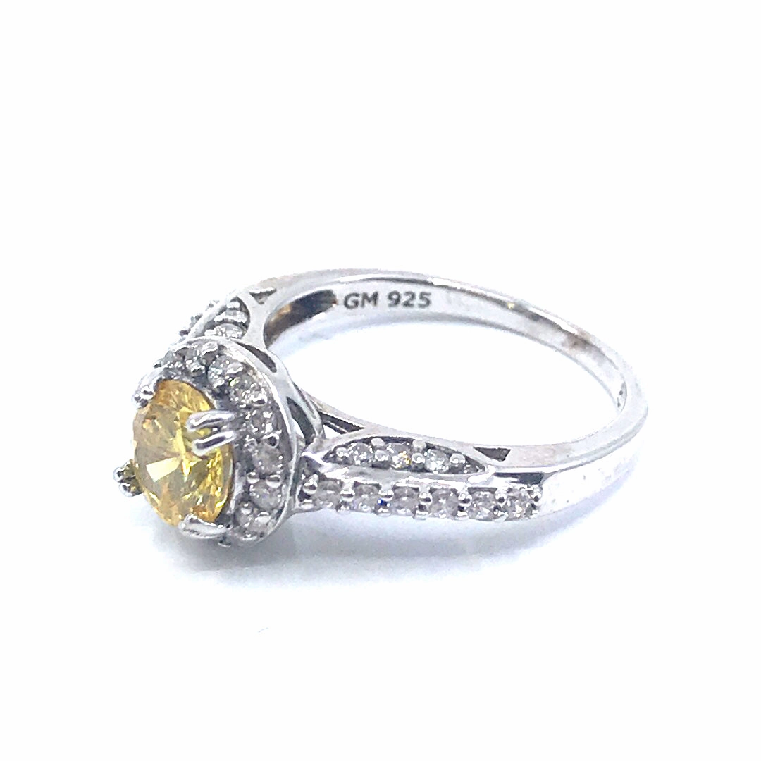 Rhodium Plated Sterling Silver Color Stone Ring with CZ Border Exquisite Sparkle Shimmering Form