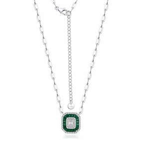 Crisp Finish Exclusive Finish Rhodium Plated Sterling Silver Colored Baguette Emerald Cut Necklace