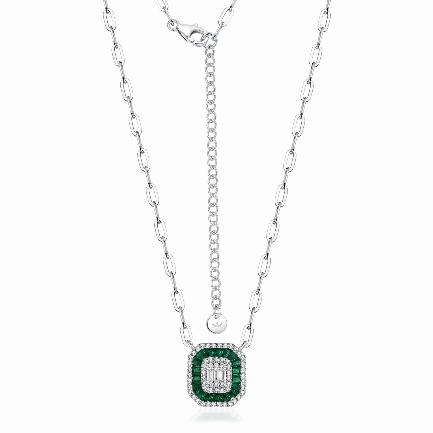 Crisp Finish Exclusive Finish Rhodium Plated Sterling Silver Colored Baguette Emerald Cut Necklace