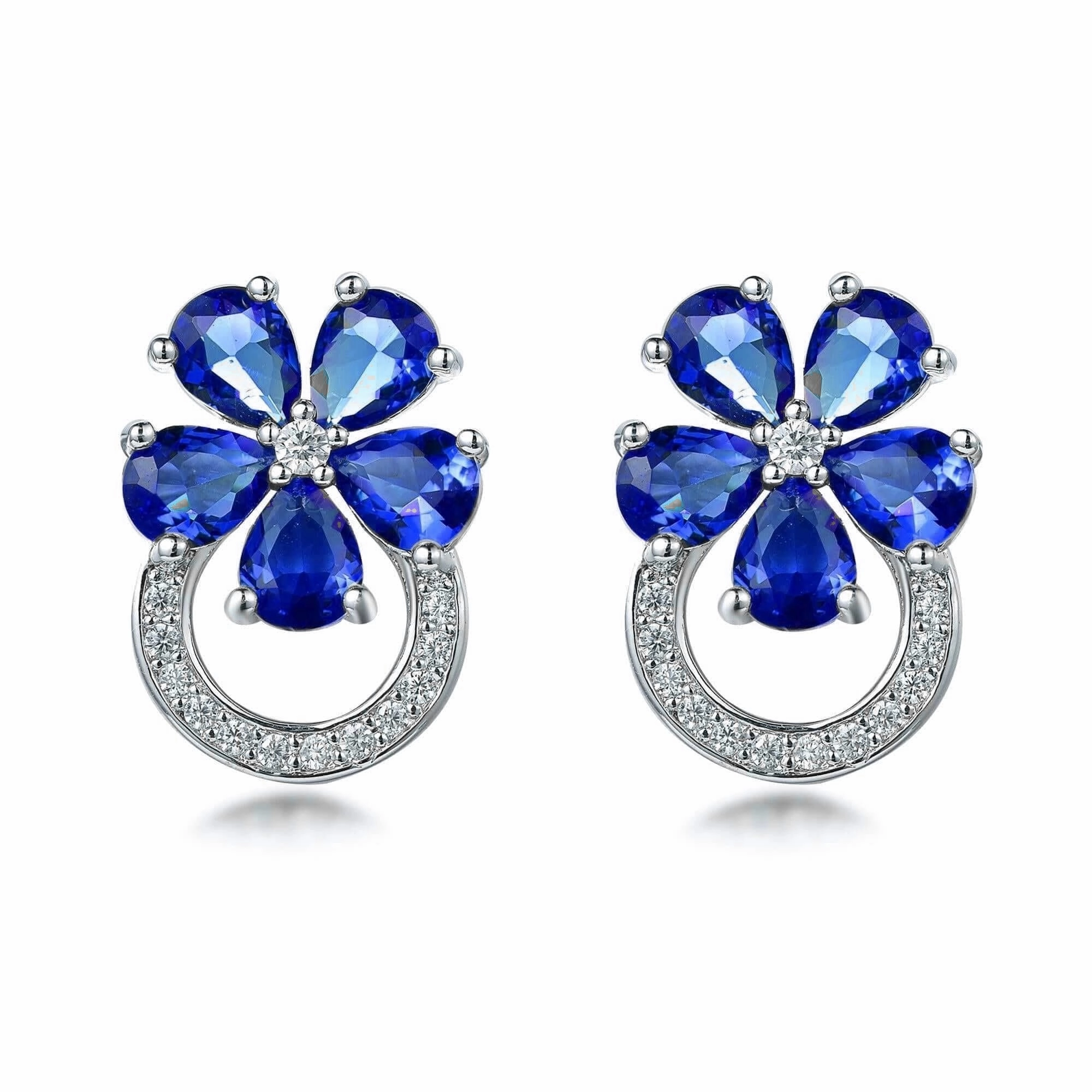 Rhodium Plated Sterling Silver Colorful Flower and Micropave Loop Stud Earrings Sparkling Detail Luminous Detail