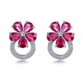 Rhodium Plated Sterling Silver Colorful Flower and Micropave Loop Stud Earrings Modern Shine