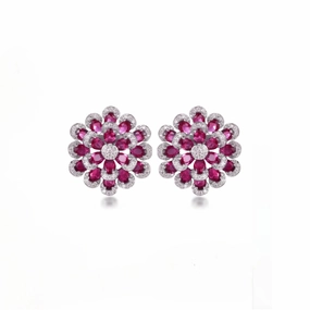 Everyday Accent Rhodium Plated Sterling Silver Colorful Multi-Petal Flower and Micropave Stud Earrings