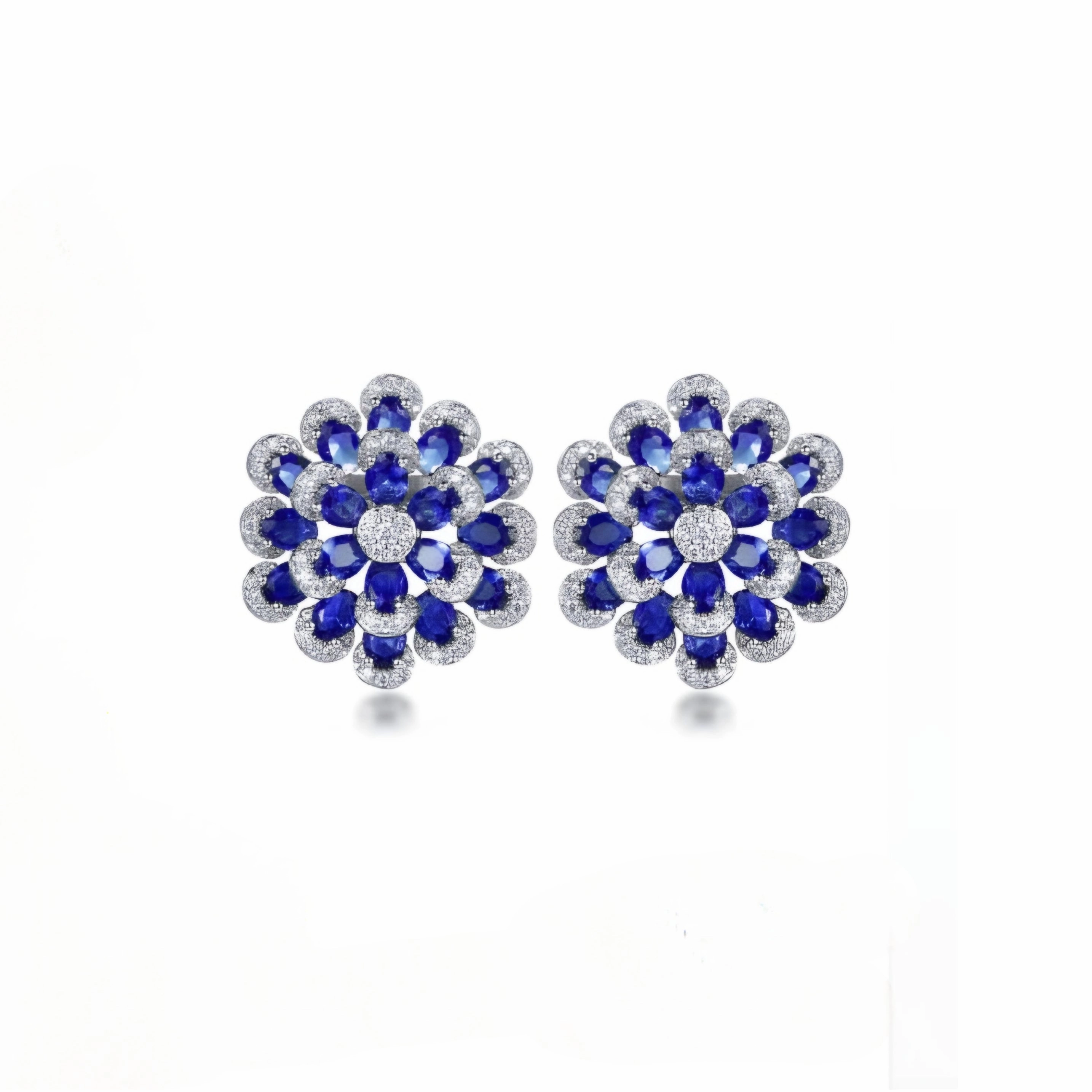 Elegant Fit Rhodium Plated Sterling Silver Colorful Multi-Petal Flower and Micropave Stud Earrings