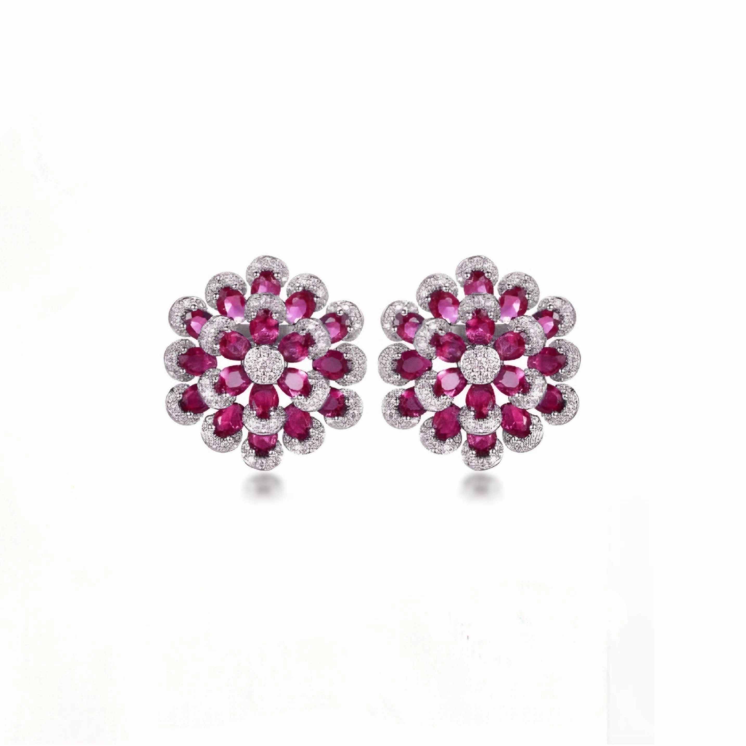 Everyday Accent Rhodium Plated Sterling Silver Colorful Multi-Petal Flower and Micropave Stud Earrings