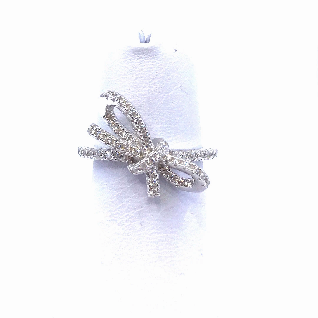 Delicate Sparkle Chic Evening Rhodium Plated Sterling Silver CZ Micropave Bow Ring