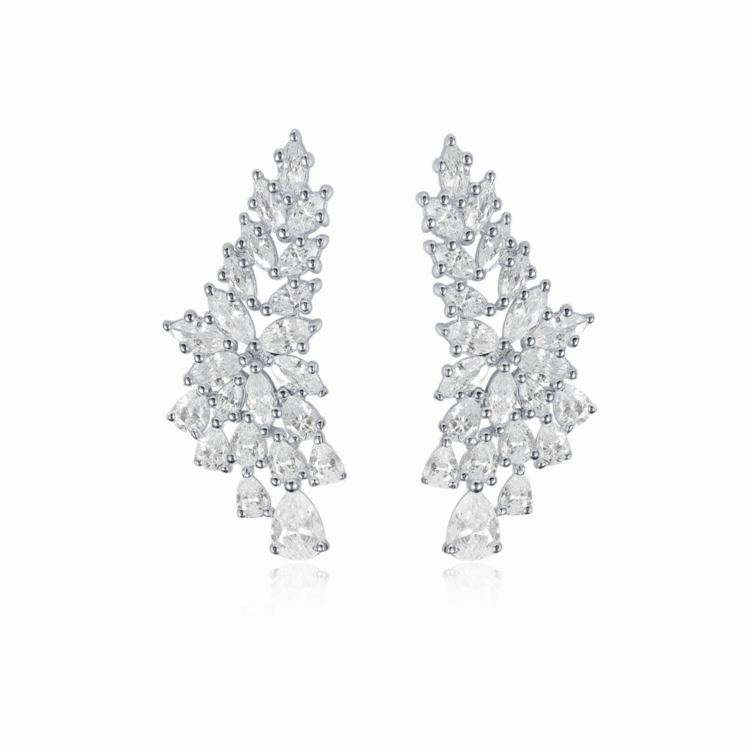 Floral Mood Rhodium Plated Sterling Silver Long Floral Stud Earrings