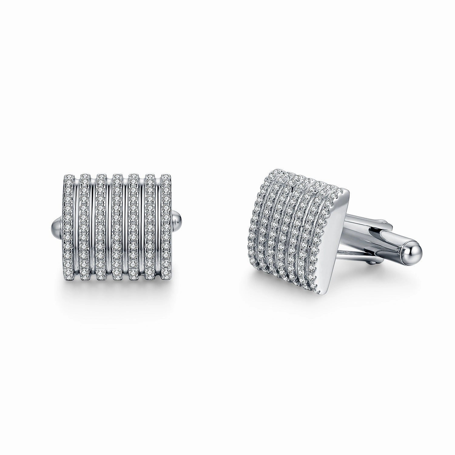 Sleek Style Rhodium Plated Sterling Silver Micropave Striped CZ Cufflinks