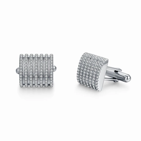 Sleek Style Rhodium Plated Sterling Silver Micropave Striped CZ Cufflinks