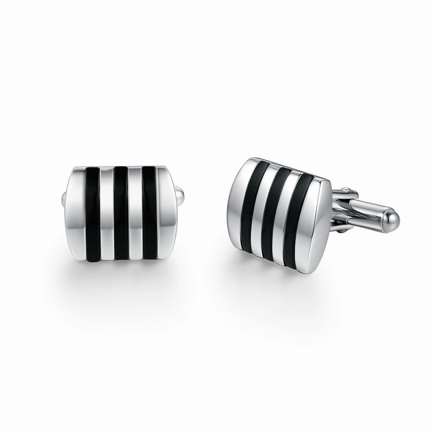 Crisp Finish Rhodium Plated Sterling Silver Mother of Pearl/Black Onyx and Striped Cufflinks
