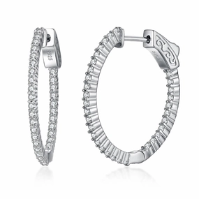 Pure Feature Rhodium Plated Sterling Silver Oval Shaped CZ Hoop Earrings