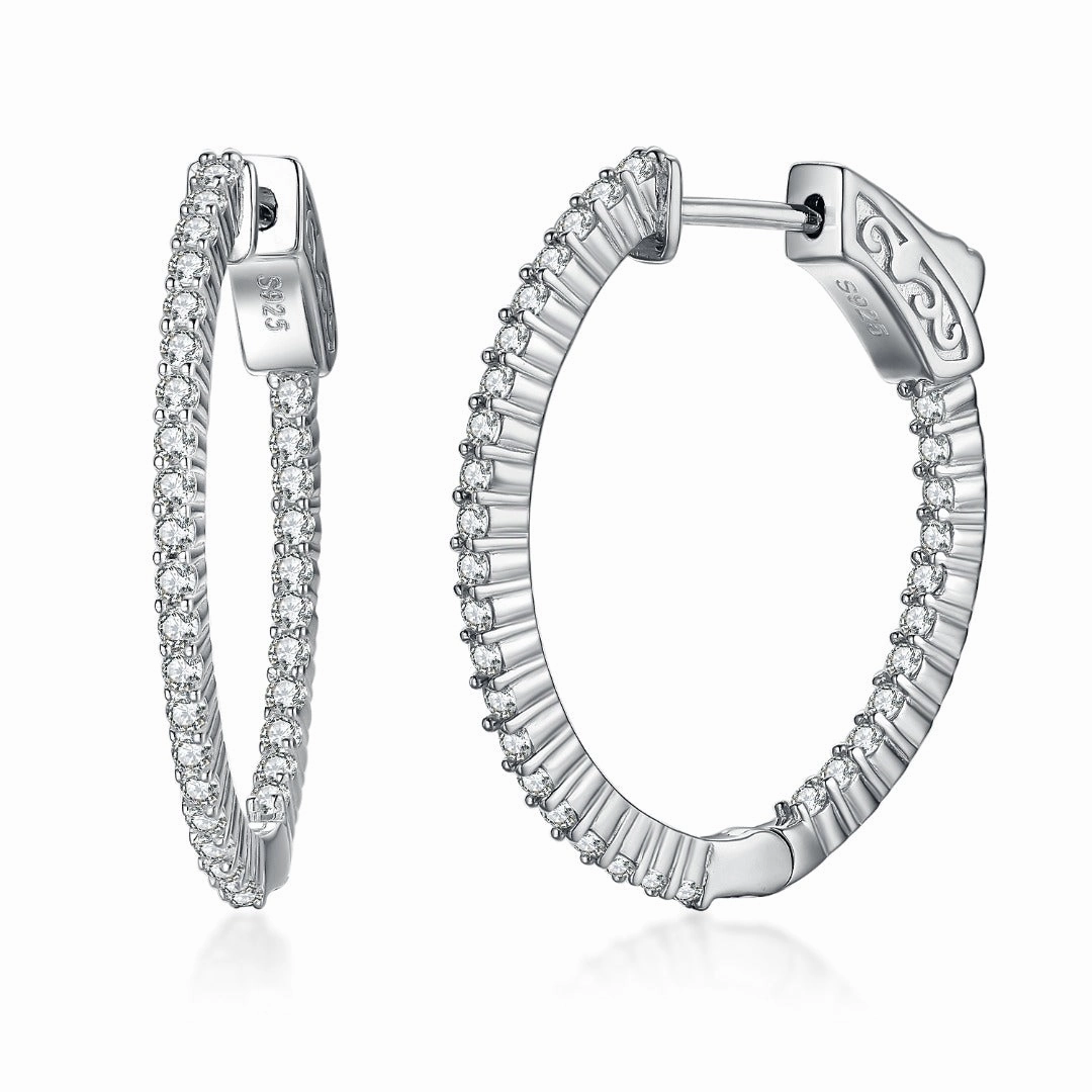 Pure Feature Rhodium Plated Sterling Silver Oval Shaped CZ Hoop Earrings