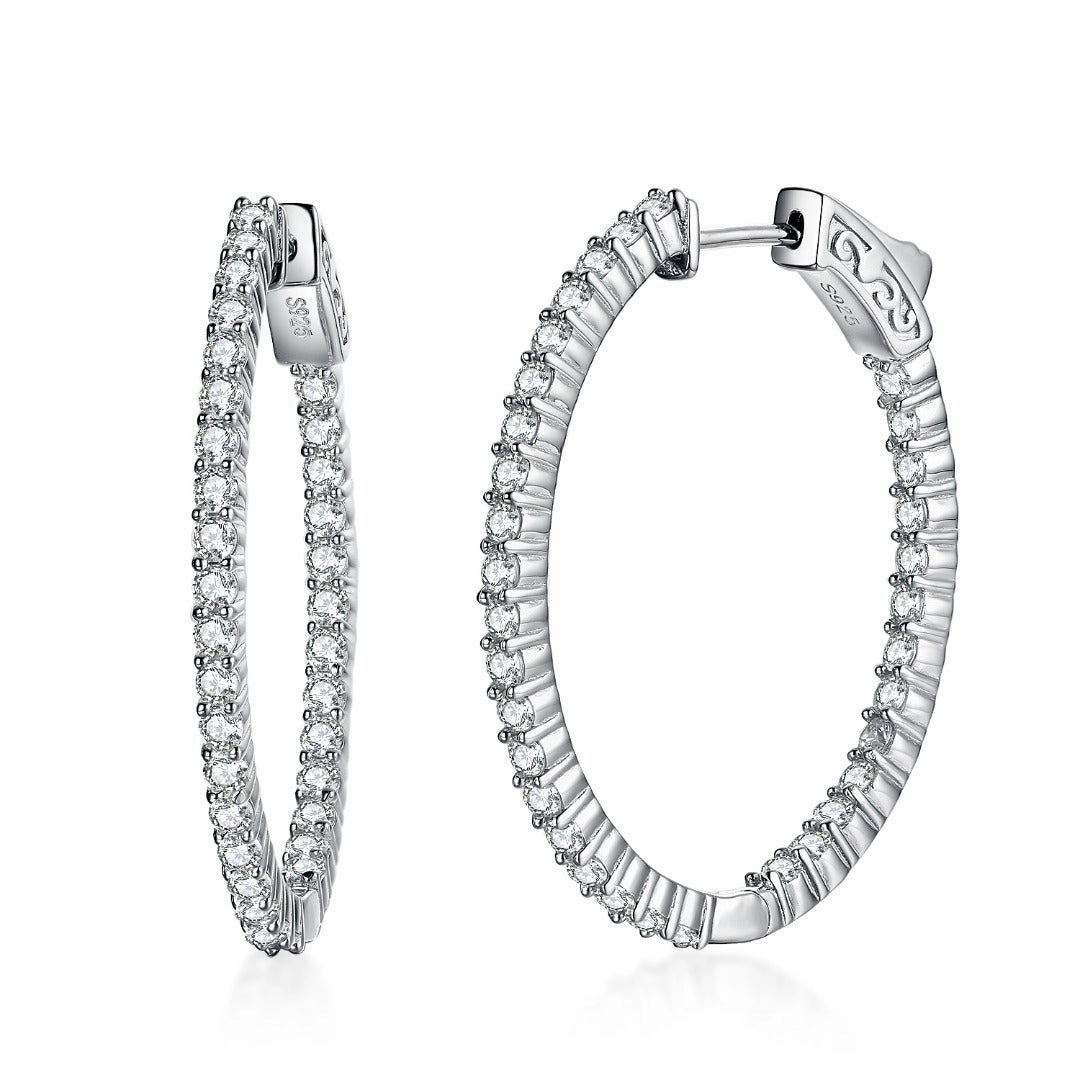 Elegant accessory Rhodium Plated Sterling Silver Oval Shaped CZ Hoop Earrings