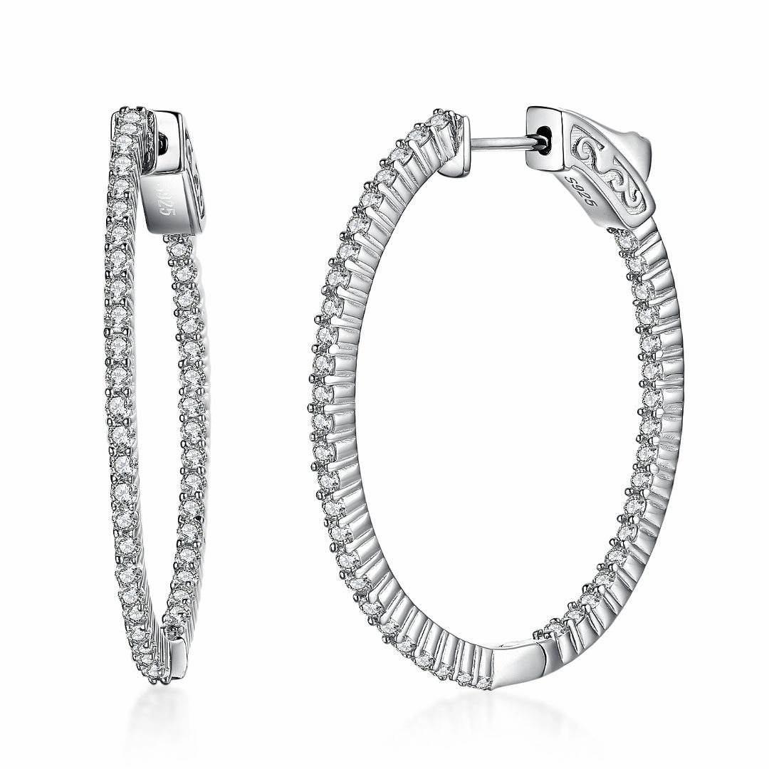 Rhodium Plated Sterling Silver Oval Shaped CZ Hoop Earrings Urban Style