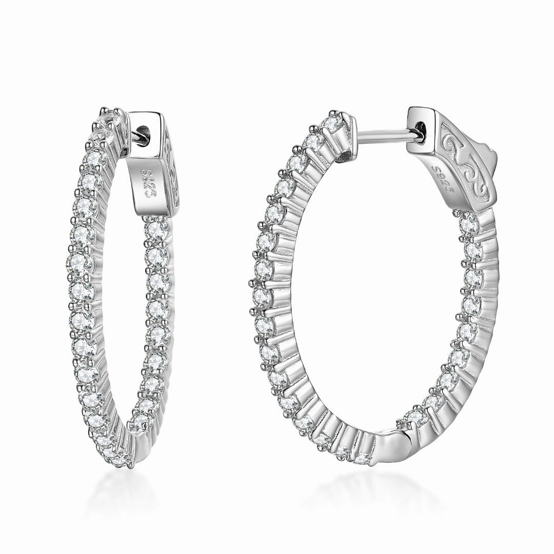 Finest Touch Rhodium Plated Sterling Silver Oval Shaped CZ Hoop Earrings