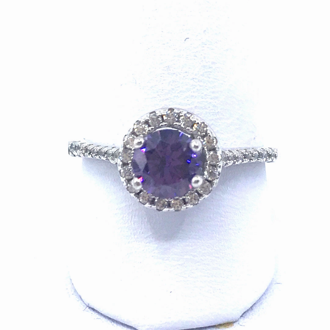 Rhodium Plated Sterling Silver Purple Circle Stone Ring Effortless Fit