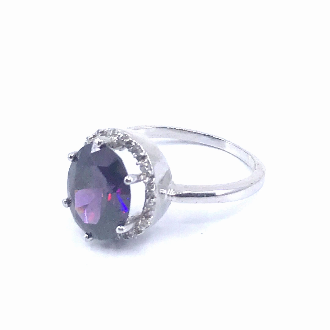 Rhodium Plated Sterling Silver Purple Oval Stone Ring Luxury piece Impressive Craft
