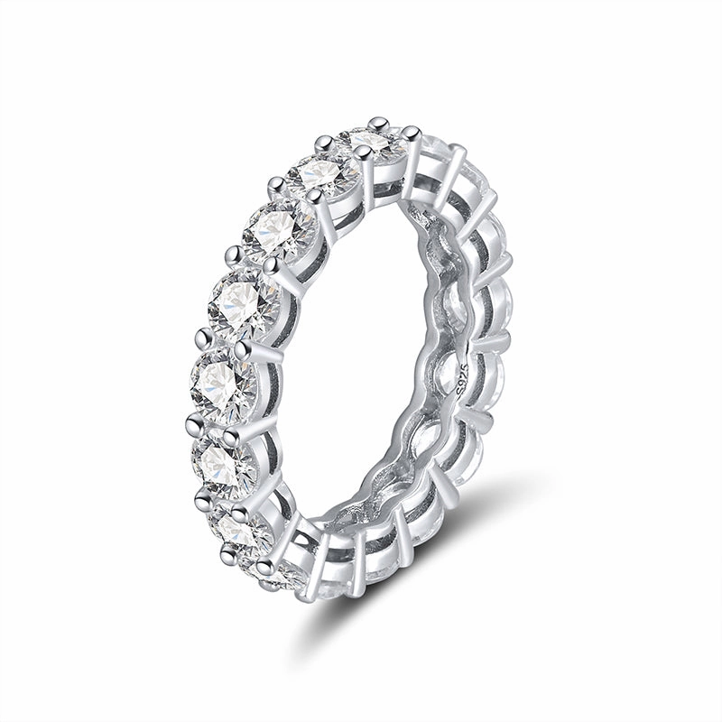 Soft Shadow Ethereal Feature Rhodium Plated Sterling Silver Ring 4mm CZ Eternity Band Ring in Airline Setting