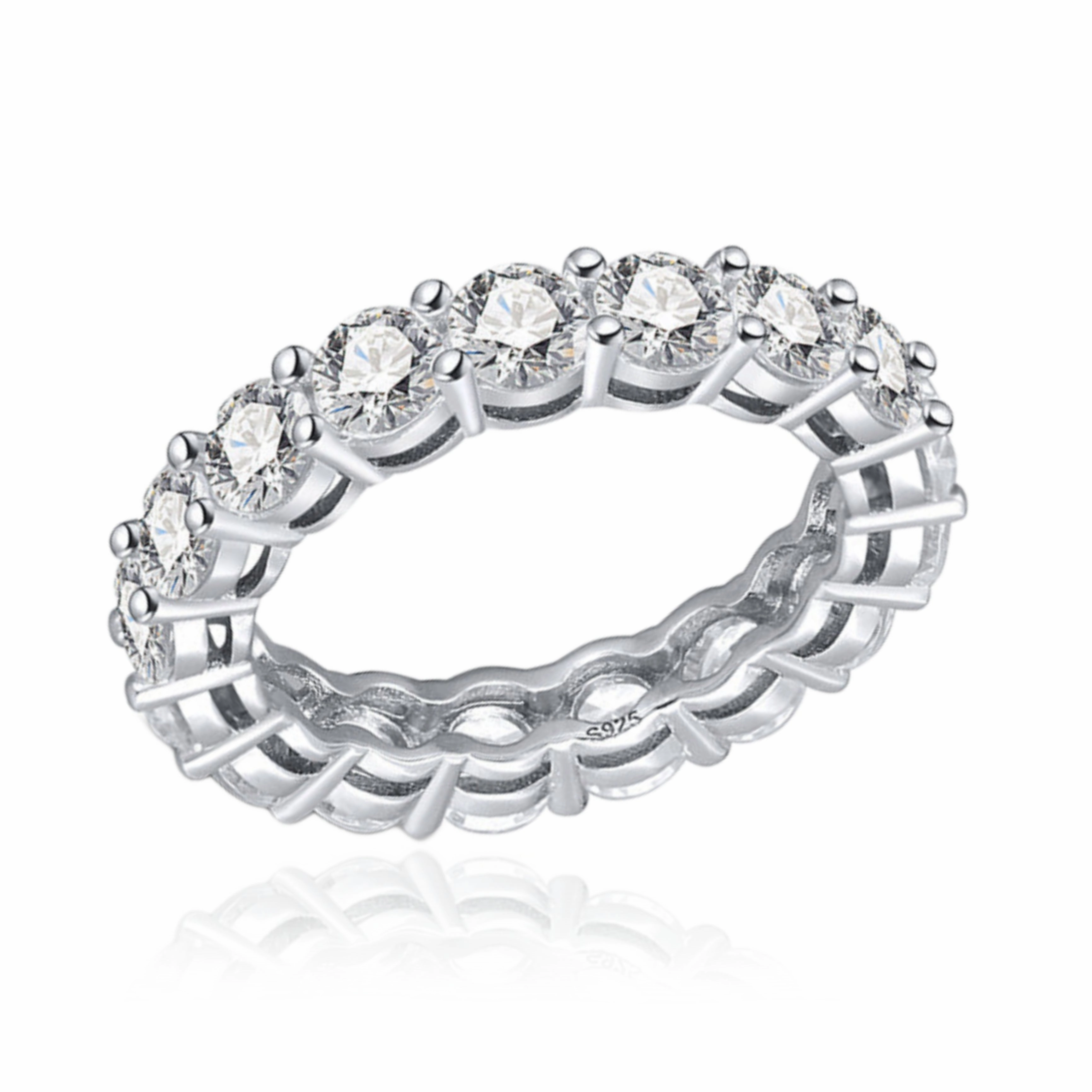 Rhodium Plated Sterling Silver Ring 4mm CZ Eternity Band Ring in Airline Setting Elegant Contour Creative Edge