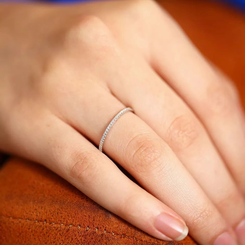 Exquisite Piece Rhodium Plated Sterling Silver Thin CZ Eternity Band Ring