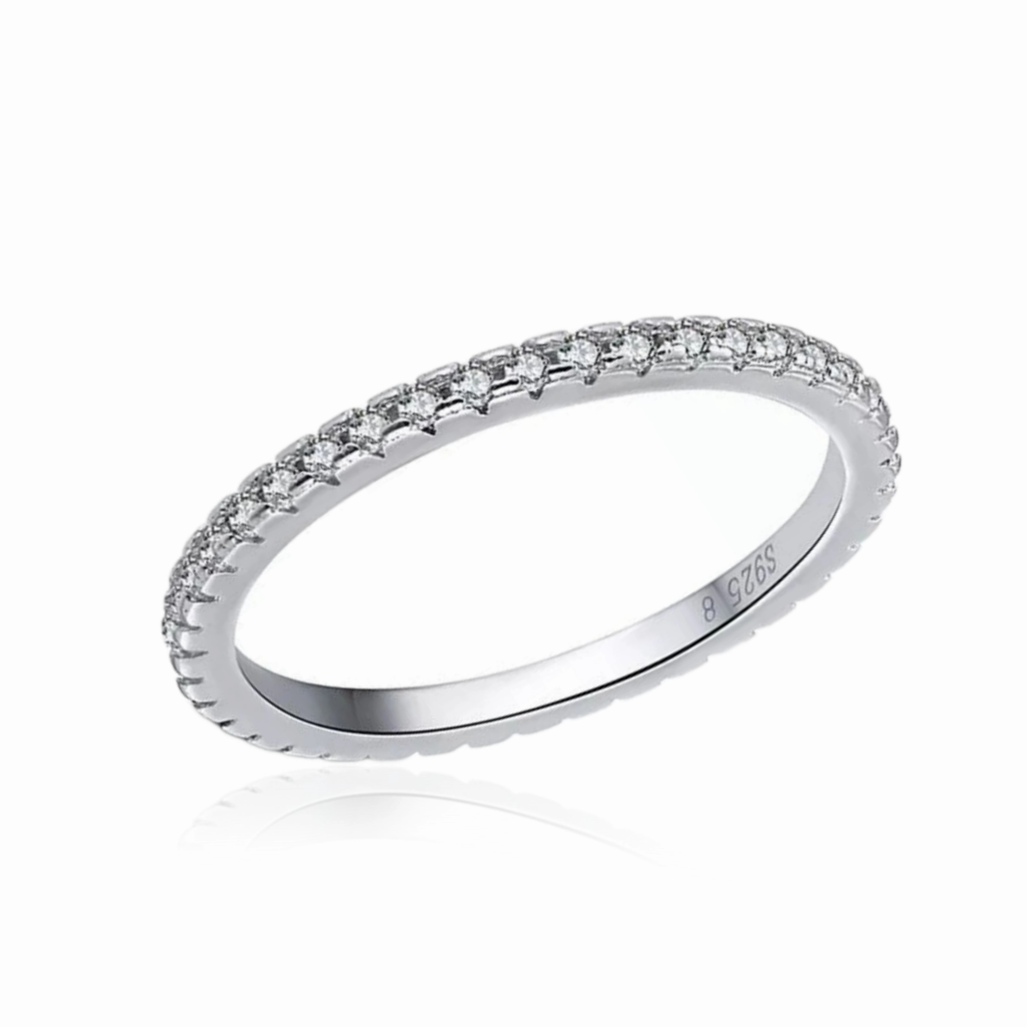 Rhodium Plated Sterling Silver Thin CZ Eternity Band Ring Cozy Look Glam Look