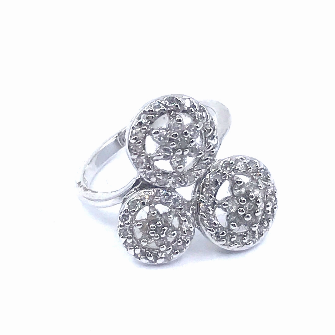 Light tone Charming Shine Rhodium Plated Sterling Silver Triple Circle Micropave CZ Ring